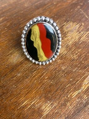 Handcrafted Beaded Oval Statement Ring - Black, Red & Gold